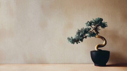 Elegant Bonsai Tree in Minimalist Pot on Warm Wooden Surface Against Textured Wall Background