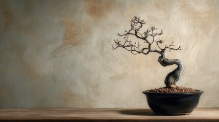 Elegant Bonsai Tree in Black Pot with Minimalistic Background and Soft Lighting for Home or Office Decor