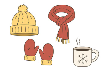 Winter Accessories Set with Scarf, Mittens, Beanie, and Hot Coffee Illustration