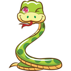 Naklejka premium Winking Green Cartoon Snake With Pink Eye And Red Tongue Sticking Out Against A Transparent Background