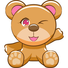 Winking Brown Teddy Bear Character with Pink Inner Ears and Eyes Waving Hello Vector Illustration
