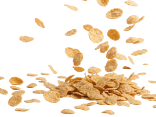 Golden cornflake cereal falling for healthy breakfast food. Isolated delicious grain transparency background, wholesome and appetizing meal
