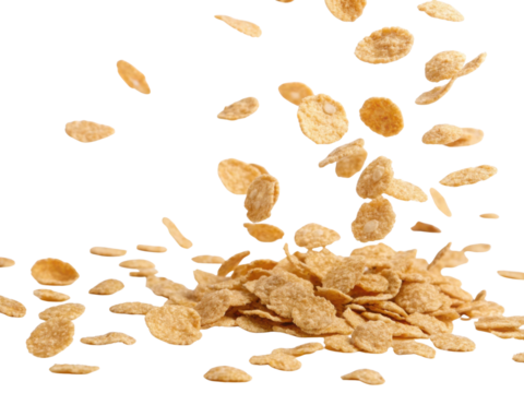 Golden cornflake cereal falling for healthy breakfast food. Isolated delicious grain transparency background, wholesome and appetizing meal