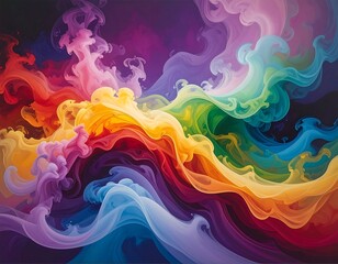 Vibrant abstract painting of swirling colorful smoke or clouds
