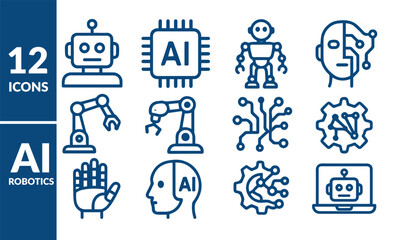 AI and Robotics Line Icon Set - Artificial Intelligence, Machine Learning, Automation, and Future Technology Vector Icons