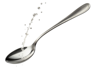 Fresh silver spoon with pure white milk splash. Dynamic liquid food dropping in motion from clean utensil on transparency background