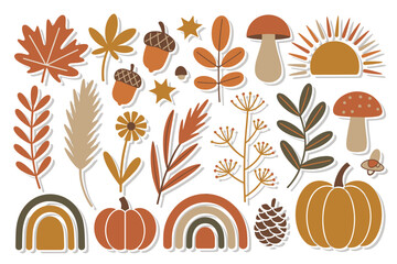 Retro Autumn Minimal Clipart – Pumpkin, Mushroom & Leaf Vector