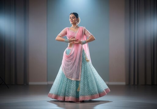 Indian Classical Dancer in Pose: Traditional Dress, Jewelry and Expressive Hand Mudras