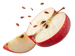 Fresh red apple slice with flying seed isolated on background. dynamic, juicy, healthy food and organic fruit for clean diet concept