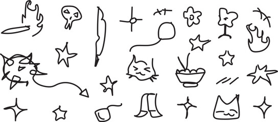 Obraz premium Hand Drawn Doodle Icon Set – Cute Sketch Elements, Fish, Stars, Flowers and Symbols Collection