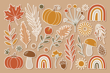 Boho Fall Sticker Pack – Cozy Pumpkin, Rainbow, and Leaf Vector Stickers