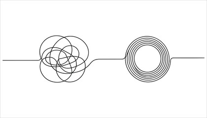 Tangled line transforming into concentric circles on white background line art abstract