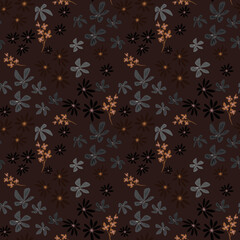 Seamless retro floral pattern. Gray and orange flowers on a dark brown background.