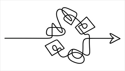 Black tangled line with squares and arrow on white background knot maze