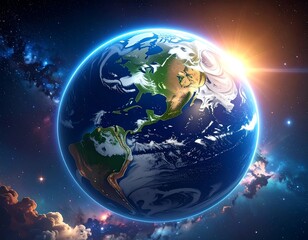 Vibrant view of Earth, showcasing continents, illuminated by a bright sun