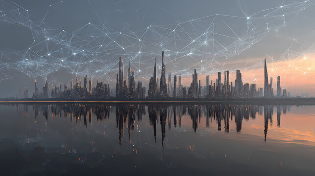 A futuristic cityscape reflecting in the water, under a network of connected nodes, depicting a technological network.