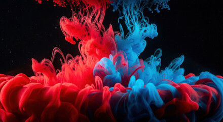 Obraz premium Vibrant abstract watercolor ink drops exploding in water with contrasting red and blue hues