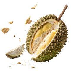 Obraz premium Delicious fresh ripe tropical durian fruit open and cut. An exotic food with sweet yellow pulp, isolated, revealing tempting tasty flesh