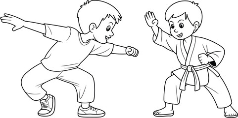 Children martial arts illustration, kids sparring drawing, sports activity sketch, childhood discipline artwork, fitness graphic, educational art, playful training design, exercise symbol
