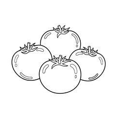 Illustration of fresh produce: bright red tomatoes with green stems. 4 tomatoes close together.