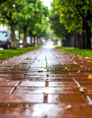Wet brick pathway flanked by trees. View from the ground perspective