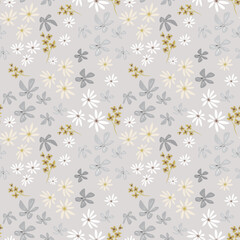 Seamless retro floral pattern. White, gray, and mustard flowers on a light gray background.