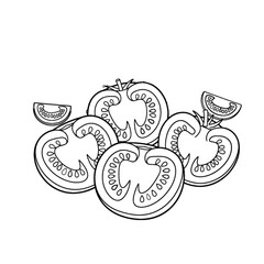 Fresh produce illustration: bright red tomatoes with green stems. Tomatoes showing the inside of a fresh tomato.