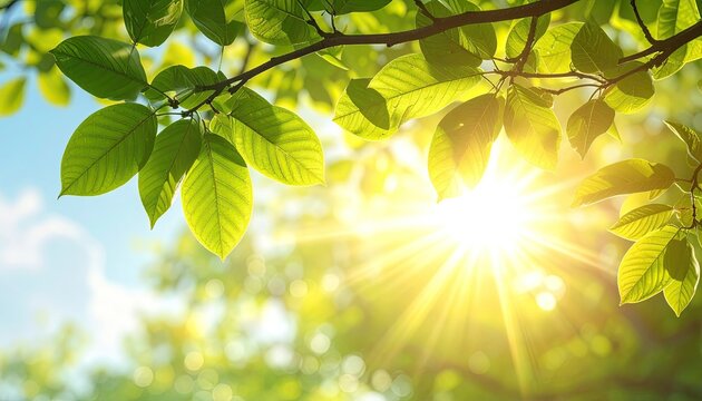 Sunlight shining through vibrant green leaves on a bright summer day with blue sky and lens flare in a close up shot with bokeh background