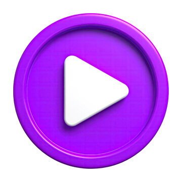 Glossy purple play button with white triangle, 3D rendered