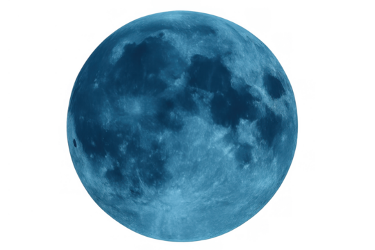 Blue full moon displaying its surface craters, concept of space, astronomy, and celestial events on a transparent background