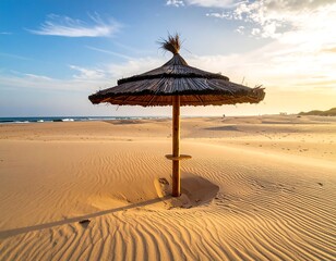 Wide-angle shot of a sandy beach with a thatch umbrella