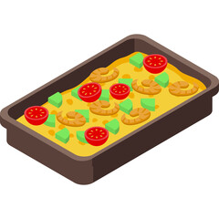 Isometric Yellow Dish With Shrimp Avocado And Tomatoes On A White Background Food Illustration