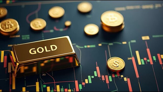 A gold bar labeled 'GOLD' sits prominently on a financial chart with scattered gold coins, symbolizing wealth and investment.