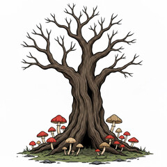 An old tree without leaves and only a trunk and some mushrooms around the old tree