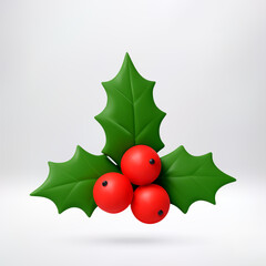 3d rendered holly branch with red berries and green leaves for Christmas and Winter holiday decoration. Festive plant symbol for greeting card. Vector illustration