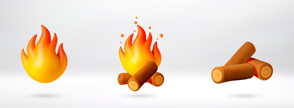 3d cartoon campfire icon set with burning fire and log wood. Campfire element for game design or camping graphics. Happy summer holiday. Vector illustration