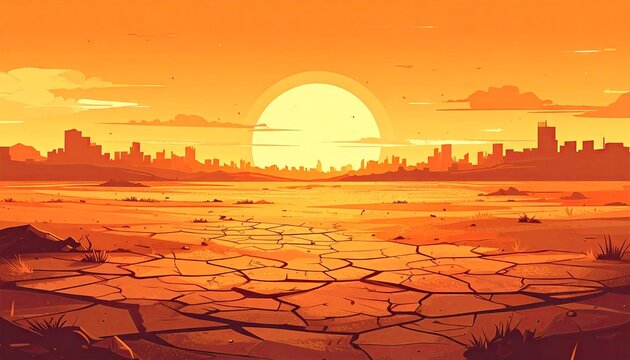 Dystopian Future - Cracked Earth and Distant Cityscape at Sunset.