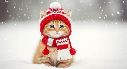 Photo of cute ginger kitten wearing a red knitted hat and scarf, sitting in the snow during a snowfall