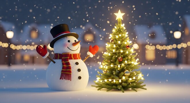 Cheerful snowman with a top hat and scarf stands beside a glowing Christmas tree adorned with lights and a star on a snowy winter night