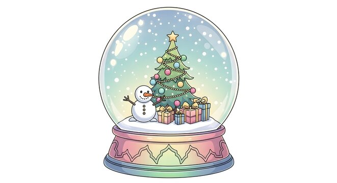 Christmas snow globe featuring a festive tree snowman and wrapped gifts with falling snow on a pastel rainbow base