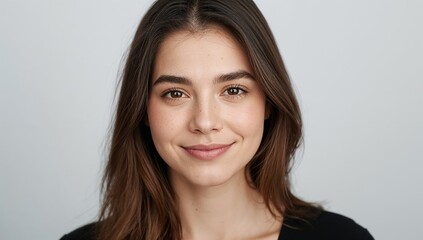 Fototapeta premium Smiling Young Woman with Long Brown Hair and Freckles on White Background