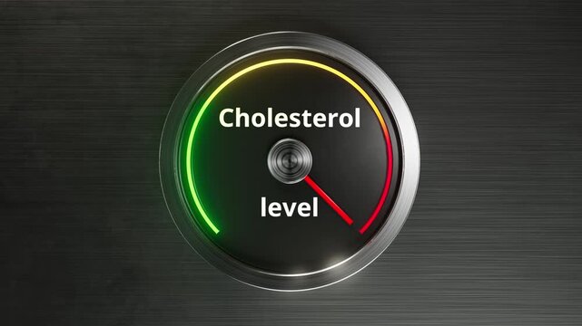 Realistic cholesterol level gauge animation from low to high with metallic dial and glowing arc changing green to yellow to red. Perfect for cardiovascular, nutrition, metabolism p