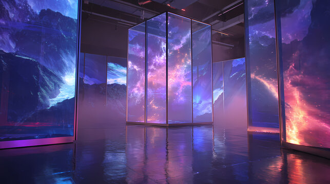 A captivating display of digital art, showcasing vibrant projections within a modern interior setting
