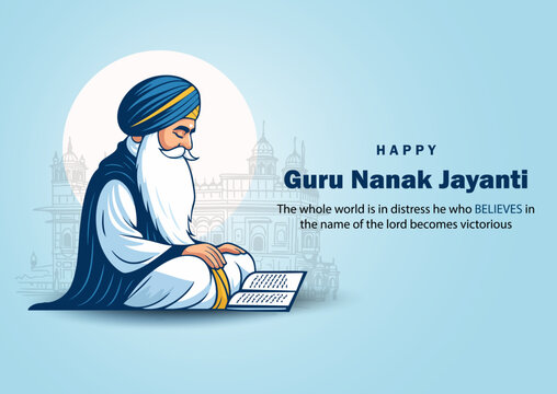 Guru Nanak Jayanti Illustration &ndash; Sikh Guru Reading Holy Book with Golden Temple Outline on Blue