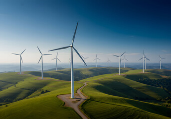 Wind Turbines on Green Hills with Blue Sky