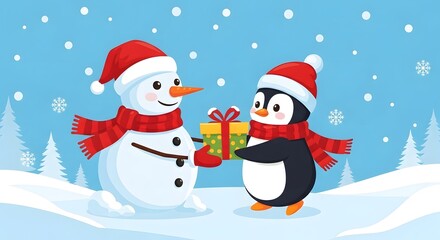Snowman and penguin exchanging a holiday gift in a charming winter wonderland scene with falling snow and pine trees