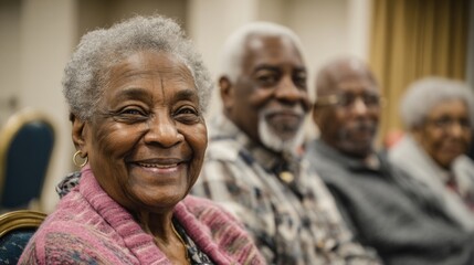 Elderly black woman smiling while sitting among friends in community center