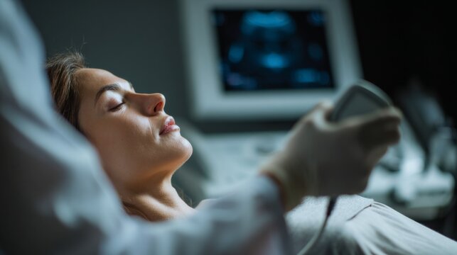 Pregnant woman undergoing ultrasound examination by doctor in clinic  