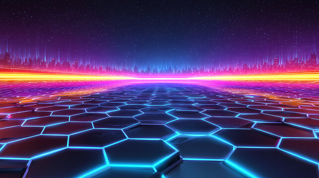 An artistic rendering of a digital pathway with hexagonal cells illuminated in neon colors, symbolizing the fusion of technology and abstract art.  - Powered by Adobe