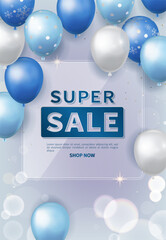 Super Sale Vertical Poster with Metallic Blue Balloons and Light Sparkle Winter Design